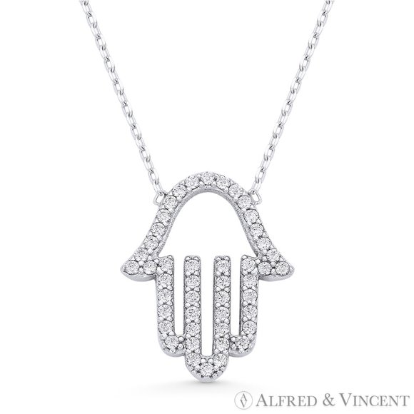 Hamsa Hand Evil Eye Charm CZ Crystal Pendant in .925 Sterling Silver w/ Rhodium - Picture 1 of 1